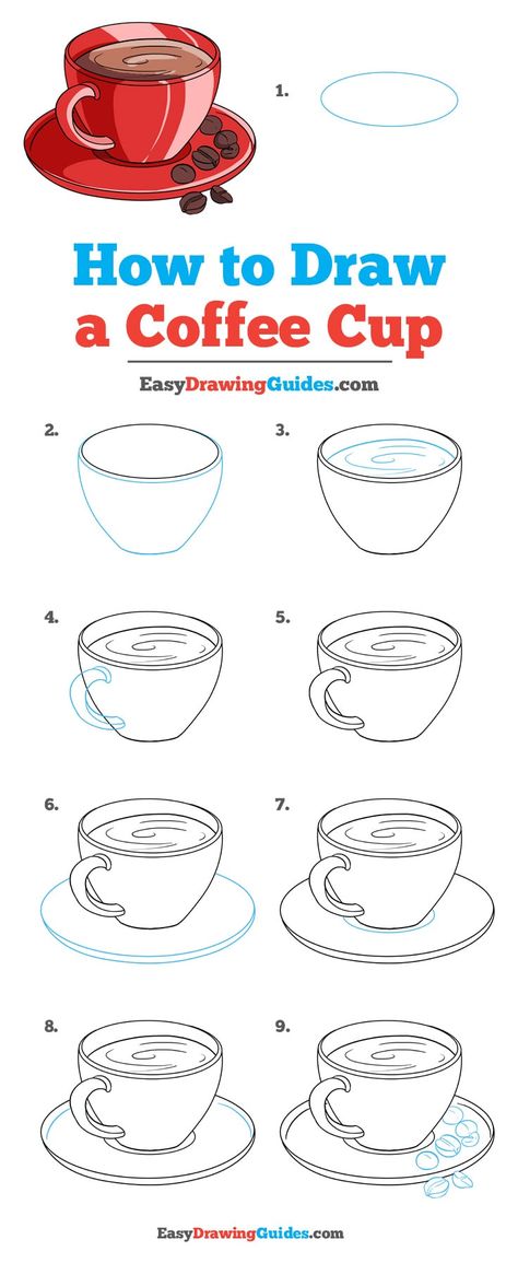 Learn How to Draw a Coffee Cup: Easy Step-by-Step Drawing Tutorial for Kids and Beginners. #CoffeeCup #DrawingTutorial #EasyDrawing See the full tutorial at https://easydrawingguides.com/how-to-draw-a-coffee-cup/. Draw A Coffee Cup, Ako Kresliť, Coffee Cup Drawing, Easy Drawing Guides, Coffee Cup Art, Drawing Guides, How To Draw Steps, Easy Drawing Tutorial, Drawing Tutorials For Kids