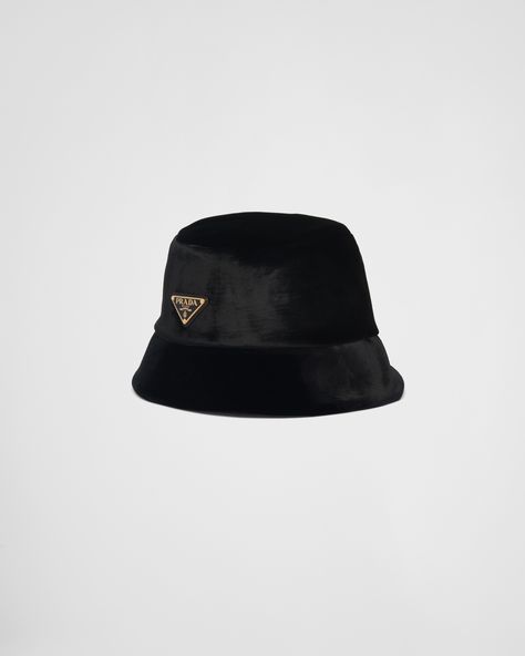 Black Velvet Bucket Hat | PRADA Prada Items, Black Bucket Hat Outfit, Velvet Bucket Hat, Black Bucket Hats, Chloe 2024, Prada Bucket Hat, Prada Hat, Korea Trip, Prada Glasses