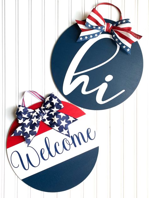 Excited to share this item from my #etsy shop: Patriotic Navy Blue Wood Sign With American Flag Ribbon Bow/Welcome Front Door Hanger/Summer Front Door Wood Round/Red, White, Blue Sign Patriotic Wood Signs, Front Door Wood, Magnolia Leaf Garland, Welcome Front Door, Summer Front Door, Patriotic Door Hanger, Front Door Hanger, 4th July Crafts, Door Signs Diy