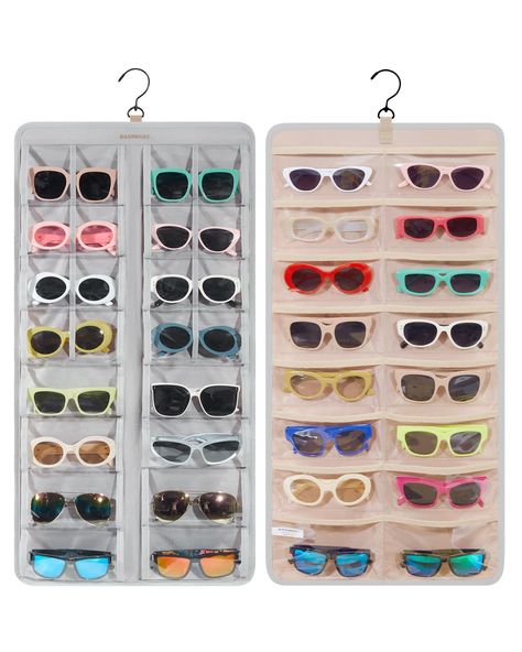 PRICES MAY VARY. Double-sided Sunglasses Storage Wall: Size: 30.7*15.7 in. The glasses organizer can hold eyeglasses on both sides with 32 transparent PVC slots, allowing you to store multiple pairs of glasses and providing ample storage capacity. Easily organize and display your glasses in a stylish and aesthetic way. Protective for Glasses: Sunglass organizer case made of soft material and equipped with PVC dustproof storage slots, the storage rack is highly wear-resistant and durable. It come Eye Glasses Organization, Sunglasses Organization Ideas, Sunglasses Storage Ideas, Glasses Storage Ideas, Sunglasses Organization, Sunglass Organizer, Glasses Organizer, Closet Storage Accessories, Eyewear Display