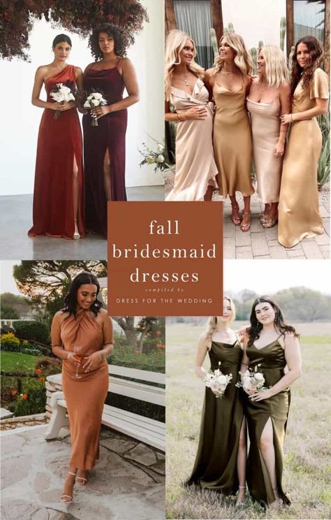 a collage showing 4 examples of bridesmaid dresses in harvest colors for fall weddings. Bridesmaid Dresses For Fall Wedding, Fall Dress Styles, Dresses In Fall, Dresses In Autumn, Dresses For Autumn, Rust Orange Dress, Teal And Rust, Fall Color Dresses, Fall Bridesmaid