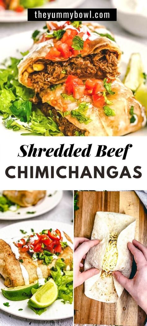 These beef chimichangas are filled with moist and delicious Slow Cooker Pulled Beef, veggies and melted cheese, then baked until perfectly crisp and golden on the outside. This is my favorite idea of Mexican comfort food! #easychimichangarecipe #chimichangarecipe #beefchimichanga Best Chimichanga Recipe, Shredded Beef Chimichangas Fried, Dinners With Shredded Pork, Homemade Chimichangas Beef, Easy Beef Chimichanga Recipe, Shredded Beef Mexican Recipes, Mexican Dishes Crockpot, Chimichanga Recipe Shredded Beef, Shredded Beef Ideas