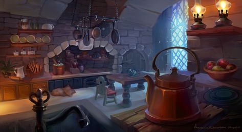 ArtStation - Medieval kitchen, Anastasiia Kudryavtseva (Kupetz) Kitchen Concept Art, Viking Room, Medieval Kitchen, Interior Concept Art, Witch Hut, Kitchen Concept, Fantasy Rooms, Location Inspiration, Desen Anime