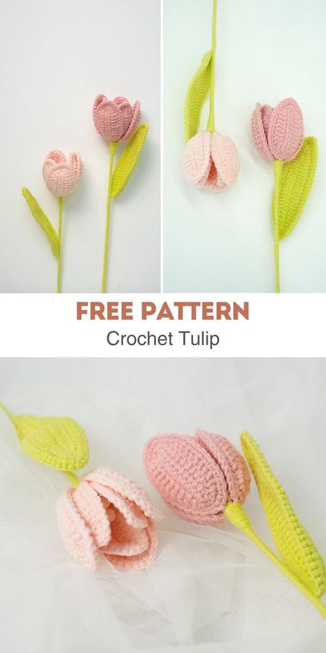 Create stunning tulip flower appliques for your crochet projects with this easy-to-follow pattern. Simple Crochet Flower Free Pattern, Free Crochet Tulip Pattern, Crochet Bouquet Free Pattern, Crochet Tulip Free Pattern, Tulips Crochet Pattern, How To Knit Flowers, How To Crochet A Tulip, Crochet Flowers Tulip, Tulip Pattern Crochet