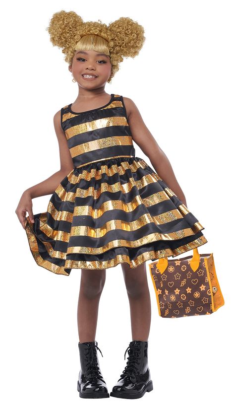 PRICES MAY VARY. 100% Polyester Hand wash costume in cold water and hang dry Child's X-Small (4-6): Chest 25", Waist 24", Hips 26, Height 46" Includes: Dress, Underskirt, Hand Bag, Wig, Surprise Gift Holographic striped satin dress Underskirt with gold trim L.O.L. Handbag Synthetic wig on mesh cap Surprise Gift: Necklace with character charm Queen Bee Costume, California Costumes, Bee Costume, Fancy Dress Up, Theatre Costumes, Girls Rules, Halloween Costumes For Girls, Surprise Gift, Queen Bee