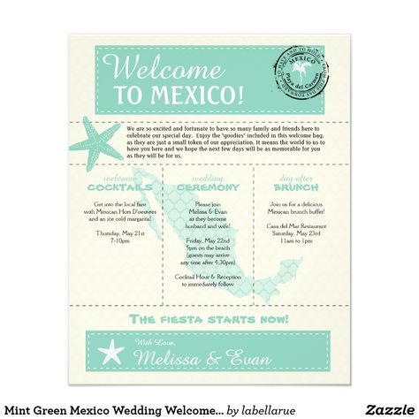 Mint Green Mexico Wedding Welcome Letter Flyer Wedding Welcome Letter, Map Of Mexico, Wedding Welcome Letters, Wedding Weekend Itinerary, Wedding Favors Packaging, Mexico Gift, Welcome Letter, Jamaica Wedding, Wedding Schedule