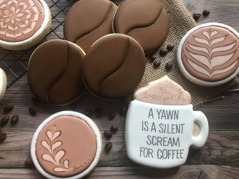 Coffee Themed Cookies Decorated, Coffee Shaped Cookies, Coffee Mug Cookie, Coffee Bean Cookies Decorated, Coffee Mug Decorated Cookies, Coffee Royal Icing Cookies, Coffee Theme Cookies, Coffee Shop Cookies, Coffee Baby Shower Cookies