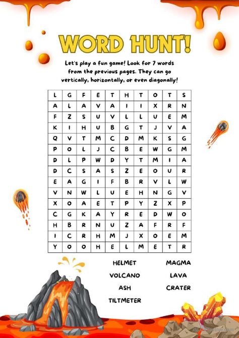 VOLCANO WORD HUNT word search: English ESL worksheets pdf & doc Easy Volcano, Vocabulary Practice, Esl Worksheets, A Word, Volcano, Word Search, Vocabulary, For Kids, Let It Be