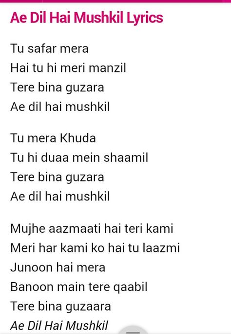 Ae dil hay mushkil  Part 1 Premika Ne Pyar Se Lyrics, Famous Lyrics Quotes, Hindi Songs Lyrics Quotes, Free Song Lyrics, Ae Dil, Hindi Love Song Lyrics, Old Song Lyrics, Great Song Lyrics, Lyrics Song