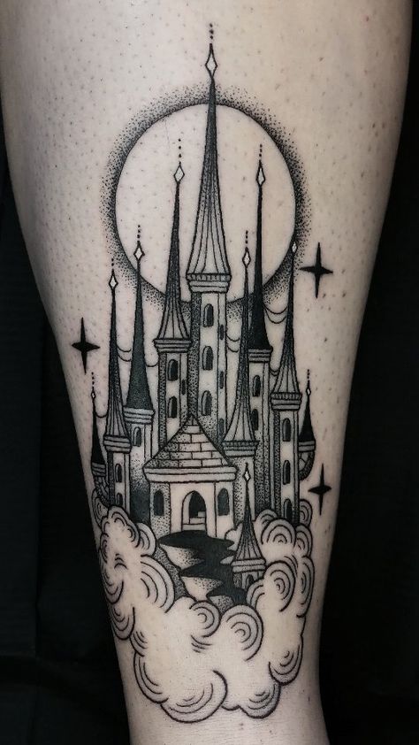 Tattoo Nightmares, Little Castle, Line Drawing Tattoos, Traditional Tattoo Old School, Air Tattoo, Castle Tattoo, Tattoo Inspiration Men, Cloud Tattoo, Tattoo Apprentice