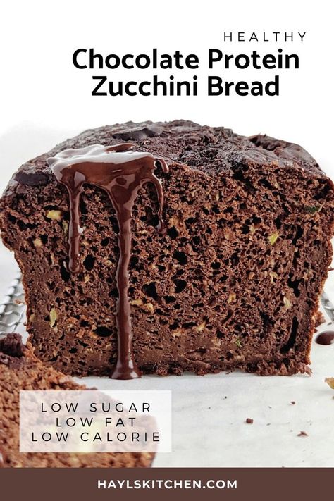 Super rich chocolate protein zucchini bread with protein powder and stevia for sweetness, but sugar free! Healthy chocolate zucchini bread is low calorie, low fat and great for a post workout or dessert. Protein Zucchini Bread, Healthy Chocolate Zucchini Bread, Chocolate Zucchini Muffins, Chocolate Zucchini Cake, Protein Baking, High Protein Desserts, Chocolate Zucchini Bread, Protein Cake, Protein Brownies