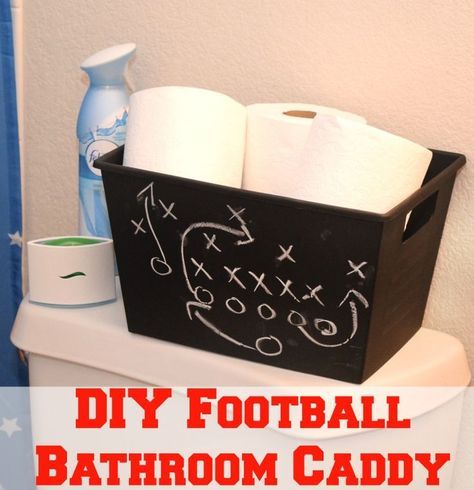 Make a DIY Football Bathroom Caddy for the #HalftimeBathroomBreak w @Febreze_Fresh & @Charmin #ad Football Bathroom, Locker Room Bathroom, Sports Bathroom, Bathroom Caddy, Football Diy, Industrial Style Bathroom, Painted Bathroom, Diy Bathroom Storage, Man Cave Home Bar