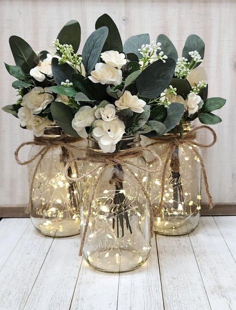 Jar Centerpiece Wedding, Barn Wedding Centerpieces, Wood Wedding Decorations, Mason Jar Centerpiece, Western Themed Wedding, Wedding Wine Bottles, Church Wedding Decorations, Jar Centerpieces, Event Centerpiece