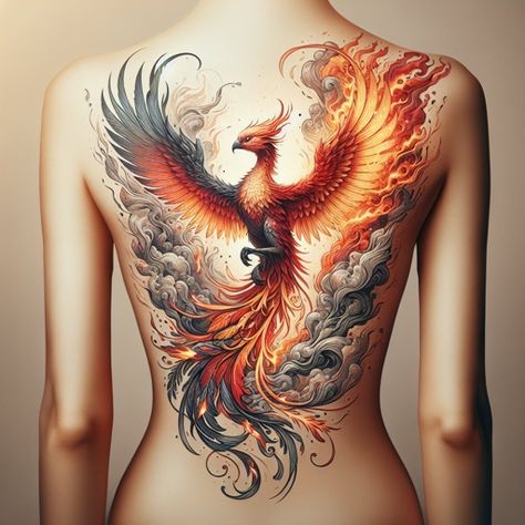 Phoenix Tattoo Design Back, Phoenix And Flames Tattoo, Phoniex Back Tattoo, Maleficent Phoenix Tattoo, Phoenix Feminine Tattoo, Phoenix Rising From Flames Tattoo, Phinox Bird Back Tattoo, Phoenix Tattoo Back Women, Phoenix Tattoo On Back