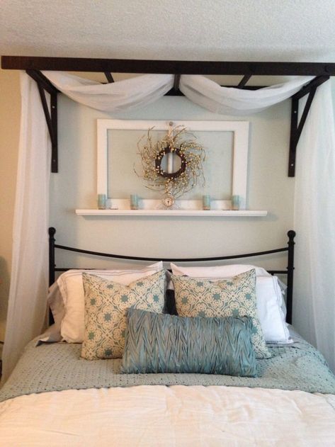 Pin on Bedroom Diy Headboard Ideas In Front Of Window, Shelf Around Top Of Room Bedrooms, Ladder Canopy Over Bed, Ladder Headboard Ideas, Guest Bedroom Shelf Decor, Ladder Over Bed, Mobile Home Decorating Bedroom, Faux Headboard Ideas, Faux Canopy Bed