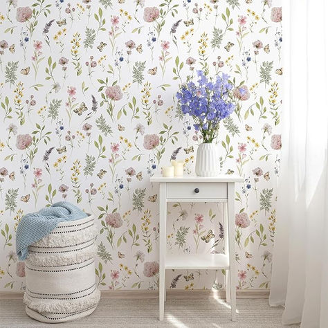 Floral Wallpaper peel and stick for bedroom, bathroom, nursery, kids room, living room, powder room, laundry room, playroom, dining room, pantry areas, guest room, hallway, backsplash, walls, cabinets, furniture, shelves, drawer liners, bookshelves, dresser, closet, table, accent wall, backdrop, any smooth and flat surface #ad Closet Table, Art Deco Mural, Dresser Closet, Deco Mural, Bathroom Nursery, Room Pantry, Furniture Shelves, Wallpaper For Bedroom, Watercolor Wildflowers