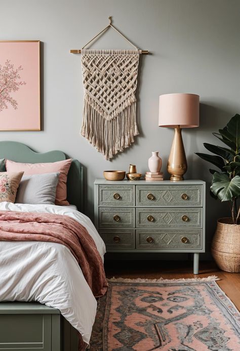 31 Chic Sage Green And Pink Bedroom Inspirations Light Pink Bedrooms Aesthetic, Sage Green And Pink Bedroom, Pink Bedroom Inspirations, Pink And Teal Bedroom, Green And Pink Bedroom, Pink Boho Bedroom, Pink Green Bedrooms, Sage Green And Pink, Sage Bedroom