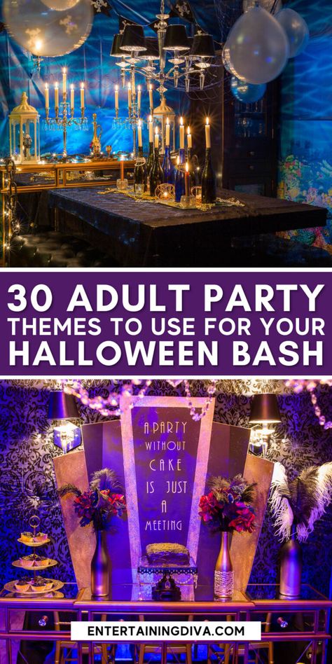 Best Halloween Party Themes, Halloween Bday Party Ideas For Adults, Halloween Party Themes For Adults Ideas, Bar Halloween Party Ideas, October Theme Party, Halloween Themed Party For Adults, Halloween Decorations Bar, Theme For Halloween Party, Halloween Themed Decor