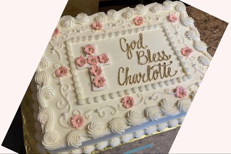 Baptism Sheet Cake, Baptism Cake Girl, Publix Bakery, Holy Communion Ideas, Cross Cake, Baptism Cakes, Bautizo Ideas, Rectangle Cake, First Communion Cake