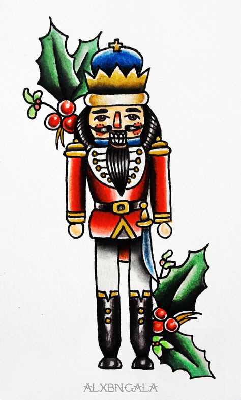 "King Nutcracker" by: Alejandra L Manriquez. | #tattoo #christmas #tattooflash Christmas Flash Tattoo, Traditional Ladybug Tattoo, Nutcracker Tattoo, Van Tattoo, Ladybug Tattoos, Nutcracker Decorations, Christmas Tattoos, King Nutcracker, Tattoo Mom