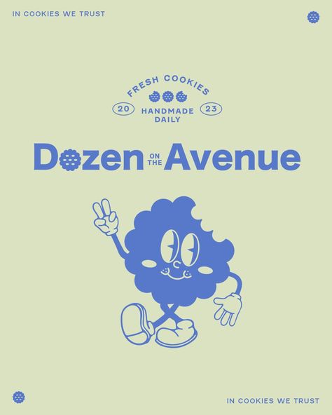 Dozen Avenue Cookie Shop Branding Visual Identity - Bakery inspiration, shop design, graphic design Snack Illustration Design, Cookie Character Design, Cookie Brand Identity, Cookie Brand Logo, Snack Logo Design Ideas, Cookie Branding Design, Cookies Graphic Design, Cookie Shop Logo, Confectionary Packaging