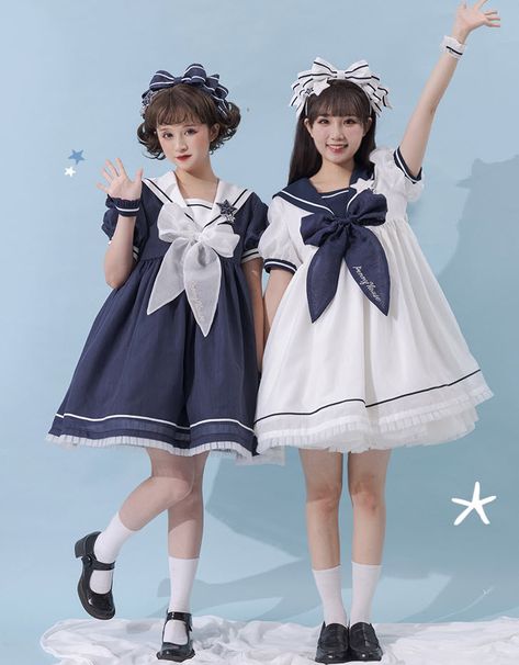 New Release: 【-The Stars Above The Island-】 #SailorLolita OP Dress Tribe Fashion, Vintage Girls Clothes, Shopping Link, Fashion Feminine, Op Dress, Sailor Dress, Quirky Fashion, Japanese Street Fashion, J Fashion