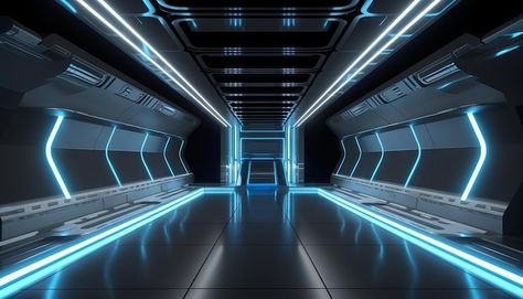 Sci Fi Corridor, Blue Light Room, Technology Room, Futuristic Tunnel, Dark Tunnel, Technology Futuristic, Sci Fi Ship, Farm Logo Design, Interactive Web Design