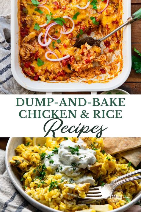 The dump-and-bake method of cooking isn't fancy, but it's sure convenient when we need to get a meal on the table without any effort. These budget-friendly chicken and rice recipes come together with very little prep time, are full of flavor, and make everyone at the table happy! Dump And Bake Rice Casserole, Dump And Bake Rice Recipes, Best Take And Bake Meals, Chicken And Rice In The Oven Recipe, Chicken Rice Bakes, Chicken And Rice Tray Bake, Chicken Dump Casserole Recipes, Chicken Rice And Carrots, Chicken Thigh Dump Meal