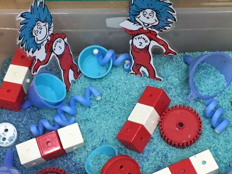 Cat In The Hat Sensory Bin, Dr Suess Crafts Preschool, Dr Suess Theme Preschool, Dr Seuss Fine Motor Activities Toddlers, Dr Suess Art Preschool, Dr Seuss Sensory Bin Preschool, Dr Seuss Preschool Activities Art, Dr Seuss Sensory Bin For Toddlers, Dr Seuss Dramatic Play