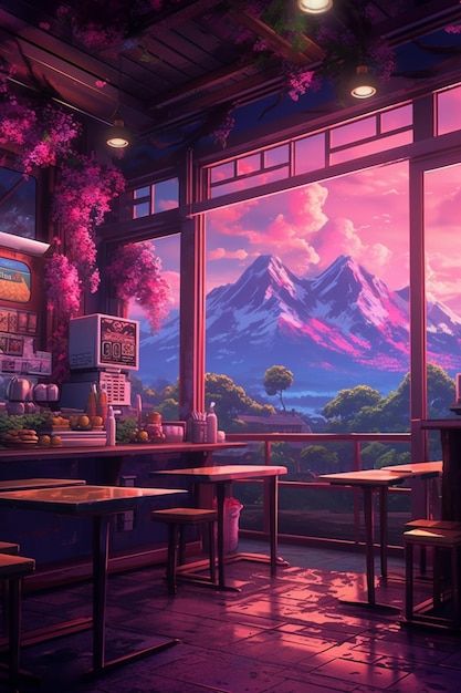 Foto un cuadro de un restaurante con mon... | Premium Photo #Freepik #photo #bistro #restaurante #cafe-bar Anime Bar, Sweet Dream Bedroom Style, Anime Oc, Vintage Wallpaper, Scenery Wallpaper, Cafe Bar, Dream Room, Premium Photo, Galaxy Wallpaper