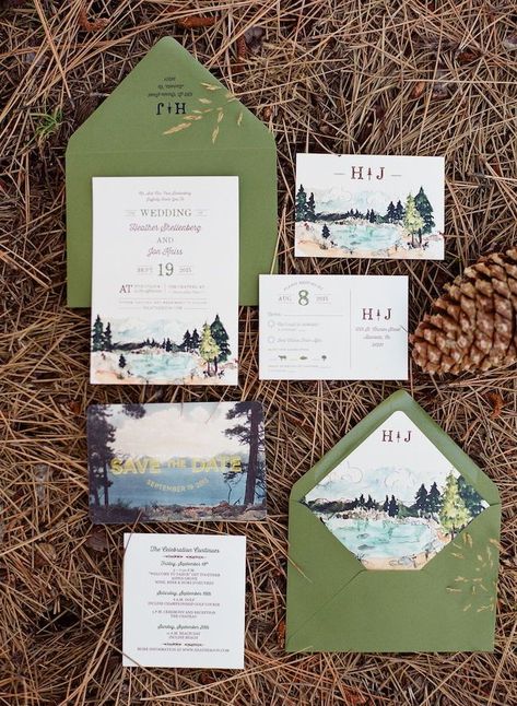 Named after the the Lake Tahoe Basin’s most plentiful tree, this rustic set features a wooded scenery alongside the beautiful shores of Lake Tahoe. Custom save the date postcards, invitations, and wedding RSVP cards #weddingideas #weddingstationery #wideeyespaperco Wedding Invitation Inspiration, Lakeside Wedding, Lake Tahoe Weddings, Tahoe Wedding, Fall Wedding Invitations, Destination Wedding Invitations, Lake Wedding, Invitation Inspiration, Watercolor Invitations