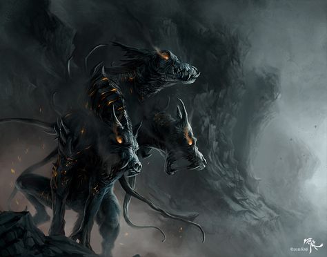 Hellhound, #Dark, #Paintings & #Airbrushing 다크 판타지, Mythological Creatures, Mystical Creatures, Arte Fantasy, Creature Concept, Magical Creatures, Cthulhu, Gods And Goddesses, Underworld