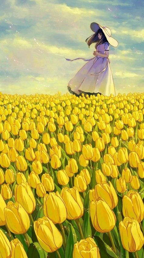 Japon Illustration, Have Inspiration, Art Manga, Yellow Tulips, 수채화 그림, Drawing Tutorials, Girls Cartoon Art, Nature Girl, Anime Artwork