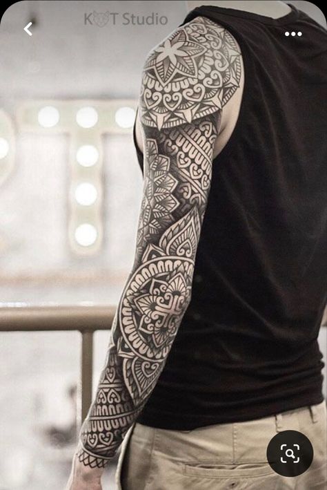 Mandala Arm Tattoos, Geometric Tattoo Sleeve Designs, Full Hand Tattoo, Mandala Tattoo Sleeve, Pola Tato, Geometric Mandala Tattoo, Geometric Sleeve Tattoo, Forearm Band Tattoos, Full Sleeve Tattoo Design