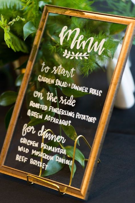 Wedding Menu Sign Ideas, Wedding Menu Display Ideas, Menu Display Wedding, Mirror Menu Wedding, Menu On Mirror, Wedding Food Menu Ideas, Wedding Menu Display, Menu Wedding Sign, Menu Calligraphy