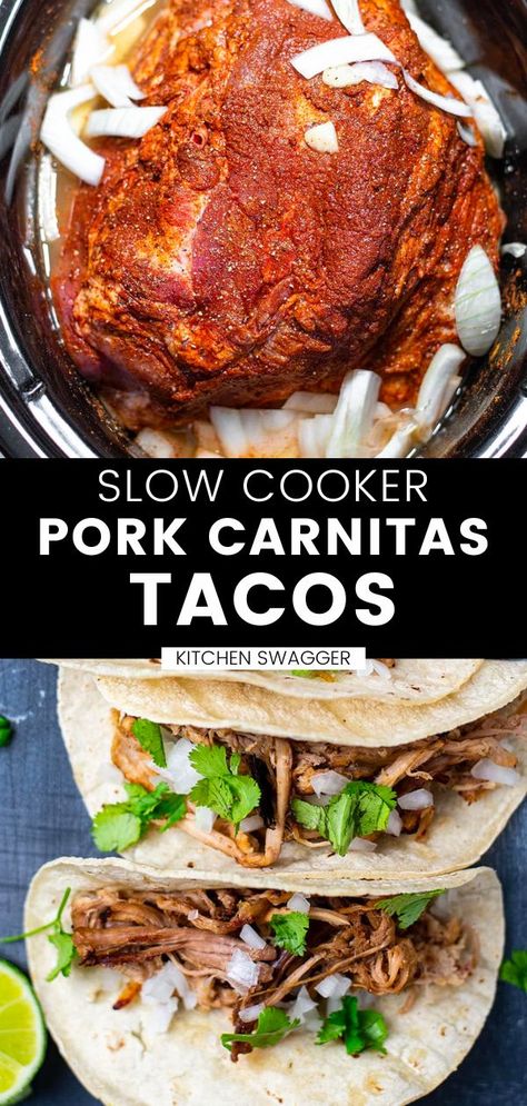 These pork carnitas tacos are SO delicious and easy to make! The pork shoulder is slow-roasted in a slow cooker with pineapple juice and spices until it easily shreds apart. Serve as a small corn tortilla street taco with fresh cilantro, diced onions, lime wedges, and a creamy lime sauce for an irresistible taco. Crockpot Pork Shoulder, Carnitas Tacos Recipe, Slow Cooker Pork Carnitas, Pork Carnitas Tacos, Street Taco, Slow Cooked Pulled Pork, Pork Carnitas Slow Cooker, Carnitas Tacos, Crock Pot Tacos