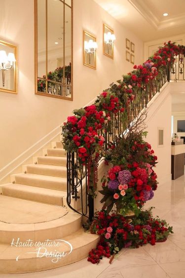 Flower Decoration On Stairs, Stairs Decoration With Flowers, Staircase Decorations For Wedding, Stairs Floral Decor Wedding, Staircase Flower Decoration, Stairs Flower Decoration, Wedding House Decorations Indian, Wedding Stairs Decoration, Stairs Decoration Wedding