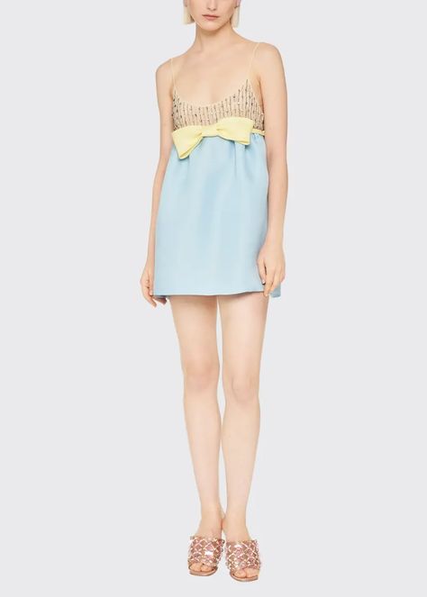 B6DQ8 Miu Miu Bead-Embellished Colorblock Babydoll Dress Miu Miu Bow Dress, Tanya Taylor, Bow Dress, Ralph Lauren Collection, Embellished Top, Babydoll Dress, Bergdorf Goodman, Dress With Bow, Baby Doll