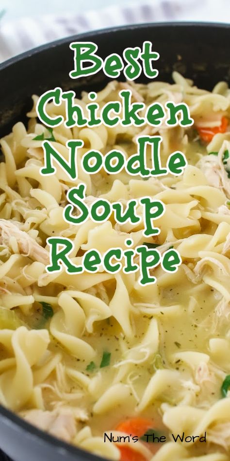 Homemade Chicken Noodle Soup is one of the best soups on the planet! It’s a down home comfort can’t be beat and on a sick day is just what your body needs! #numstheword #chickennoodlesoup #homemade #winter #familydinner Quick And Easy Dinner Recipes When Sick, Homemade Chicken Noodle Soup Healthy, Knotts Chicken Noodle Soup, Easiest Chicken Noodle Soup, Soup While Sick, Chicken Noodle Soup Homemade Noodles, Healthy Soup When Sick, Mennonite Chicken Noodle Soup, How To Make Homemade Chicken Noodle Soup