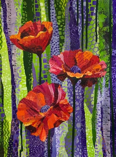 Landscape Art Quilts, Landscape Quilt, Fiber Art Quilts, Collage Art Projects, Flower Collage, Paper Collage Art, Flower Quilts, Magazine Collage, Landscape Quilts