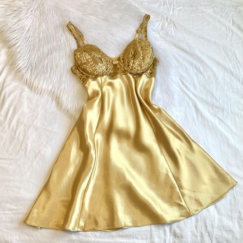 Vintage 90s Victoria's Secret Gold Lace & Satin... - Depop Event Fits, Babydoll Slip Dress, Victoria Secret Slip Dress, Satin Babydoll, Future Bedroom, Anthropologie Clothing, Yellow Clothes, Chic Summer Outfits, Fairy Clothes