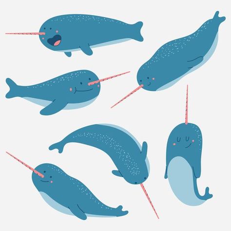 Narwhal vector cartoon characters set is... | Premium Vector #Freepik #vector #background #baby #blue #character Narwal Illustration, Cartoon Narwhal, Narwhal Drawing, Marine Baby, Nursery Drawings, Vector Cartoon Characters, Underwater Cartoon, Animals With Horns, Cute Narwhal