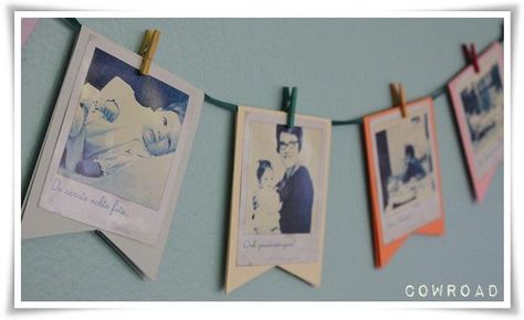 Photo bunting. I did loads of this for my wedding. Photo Bunting Birthday, Paper Bunting Ideas, Bunting Ideas Vintage Style, Bunting Ideas Unusual, Bunting Banner Template, Unicorn Bunting, Ribbon Clothes, Classroom Bunting, Photo Bunting