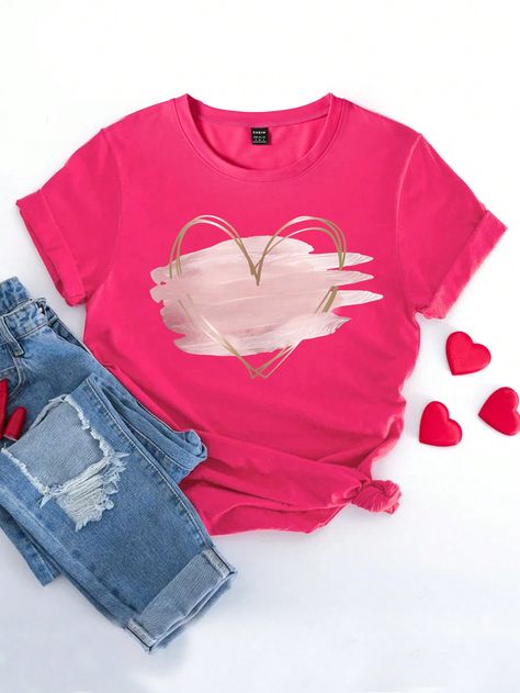 Pink Heart Pattern Short Sleeve Round Neck T-Shirt, Women Summer TeeI discovered amazing products on SHEIN.com, come check them out! Overalls Flare, Pink Heart Pattern, Fabric Heart, Round Neck Tees, Girls Denim, Summer Tee, Heart Pattern, College Fashion, T Shirt Women