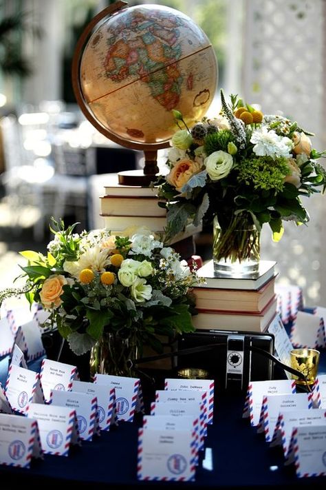 Vintage books, Globes, Postcards, and color - love this Brooklyn Wedding! Aviation Wedding, Travel Inspired Wedding, Travel Theme Bridal Shower, Vintage Travel Themes, Books And Flowers, Travel Themed Wedding, Showers Ideas, Travel Party Theme, Travel Theme Wedding