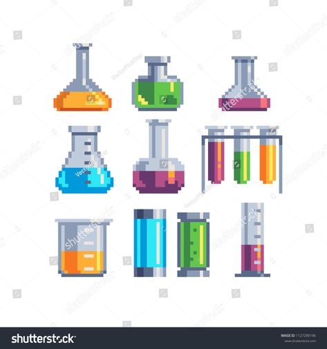 Laboratory equipment pixel art icons set. Jars, beakers and flasks isolated vector illustration. Biology science education medical. Design for stickers, logo and mobile app. Game assets 8-bit sprite. #Ad , #Affiliate, #flasks#beakers#Jars#illustration Laboratory Pixel Art, Biology Pixel Art, Science Pixel Art, Jars Illustration, Pixel Illustration, Science Equipment, Biology Science, Perler Projects, Science Icons