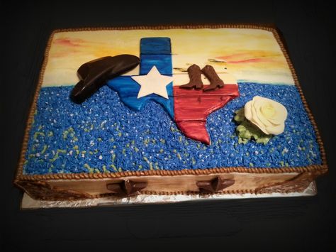 Texas themed cake Texas Cake, Texas Party, Texas Crafts, Texas Theme, Flag Cake, Graduation Cakes, Grooms Cake, Blue Bonnets, Sheet Cake