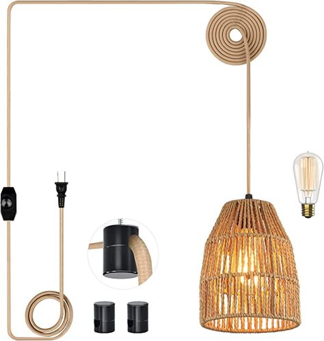 Plug in Pendant Light, Hanging Lights with 15ft Golden Cotton Cord & Stepless Dimming Switch, Handwoven Hemp Rope Lampshade, Boho Hanging Lamp for Dining Room,Hallway (Bulb & 2 Swag Hooks Included) - - Amazon.com Boho Hanging Lamp, Bohemian Light Fixtures, Hanging Lamps For Bedroom, Plug In Chandelier, Plug In Pendant Light, Swag Lamp, Light Hanging, Farmhouse Chandelier, Hanging Chandelier