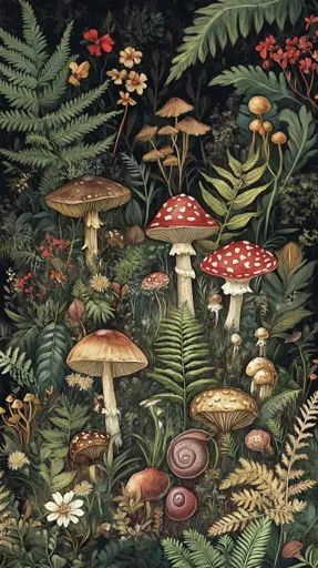 ↑↑↑ Larger size on website 🔸 The image is a botanical illustration of a forest floor. Lush green ferns and foliage surround vario Forest Floor Illustration, Mushroom Forest Art, Ferns And Mushrooms, Floor Illustration, Types Of Mushrooms, Forest Floor, Shades Of Brown, Lush Green, Black Forest