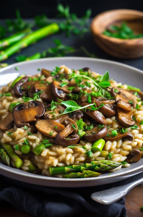 A delicious and creamy vegan risotto with mushrooms and asparagus. Risotto Photography, Mushroom Asparagus Risotto, Fantasy Recipes, Mushroom Asparagus, Orzo Risotto, Asparagus Risotto, Vegan Risotto, Vegetable Risotto, Vegan Mushroom